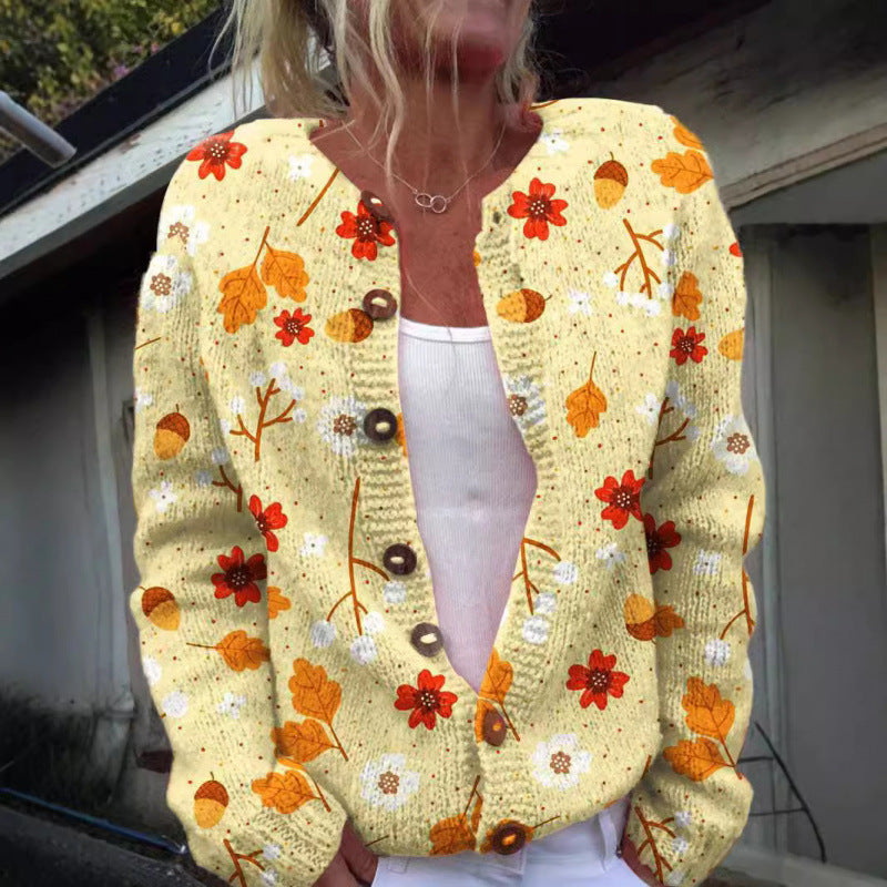Fashion Printed Cardigan Knit Jacket For Women