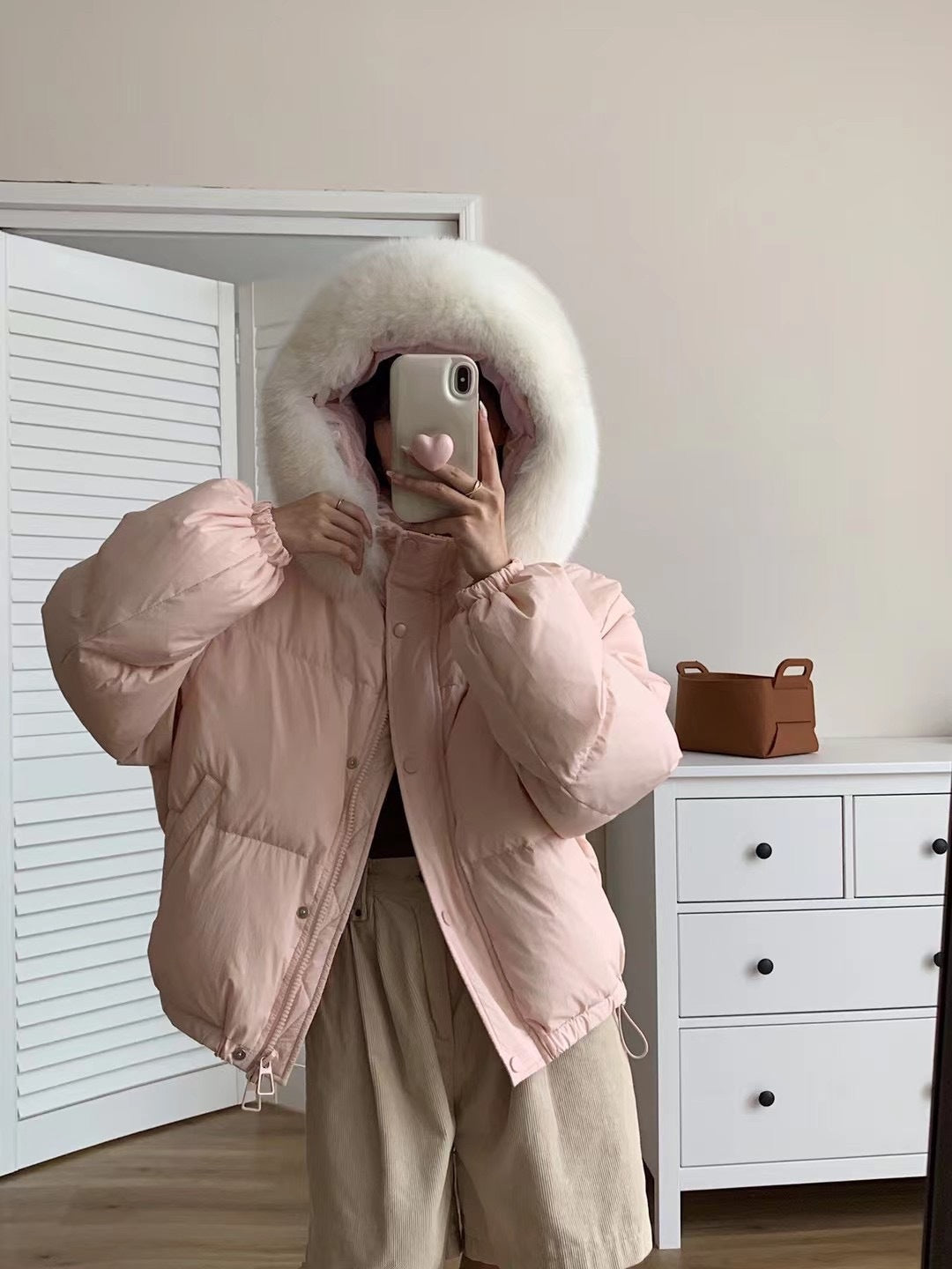 Fox Fur Collar White Duck Down Loose Thickening Keep Warm Coat