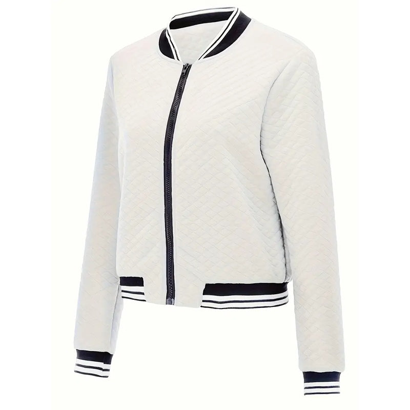 Women's Long Sleeve Contrast Trim Baseball Jacket - Casual Zip Up Sporty Top For Spring&Fall