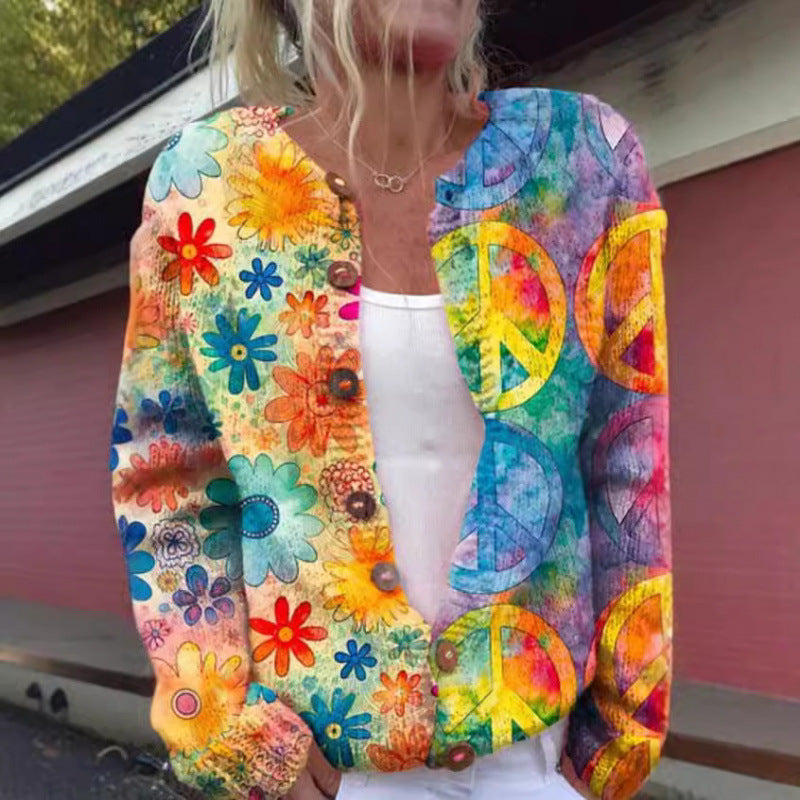 Fashion Printed Cardigan Knit Jacket For Women