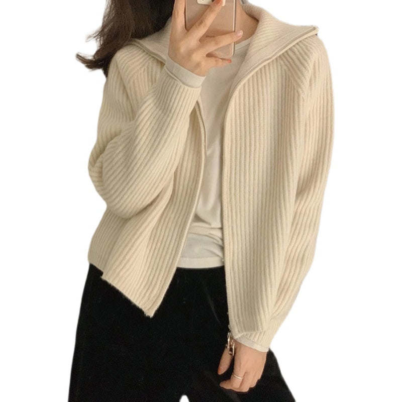 Zipper Knit Cardigan Womens Fashion Loose Outer Wear Lazy Sweater Jacket Top