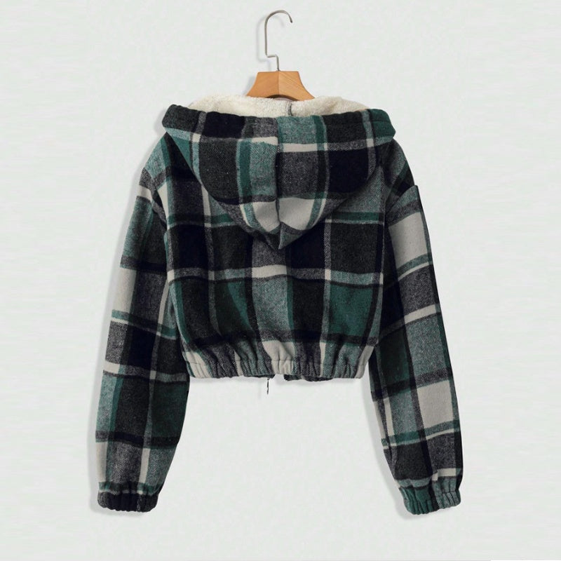Women's Elegant Plaid Hooded Jacket, Full-Zip Lightweight Coat For Winter Casual Wear