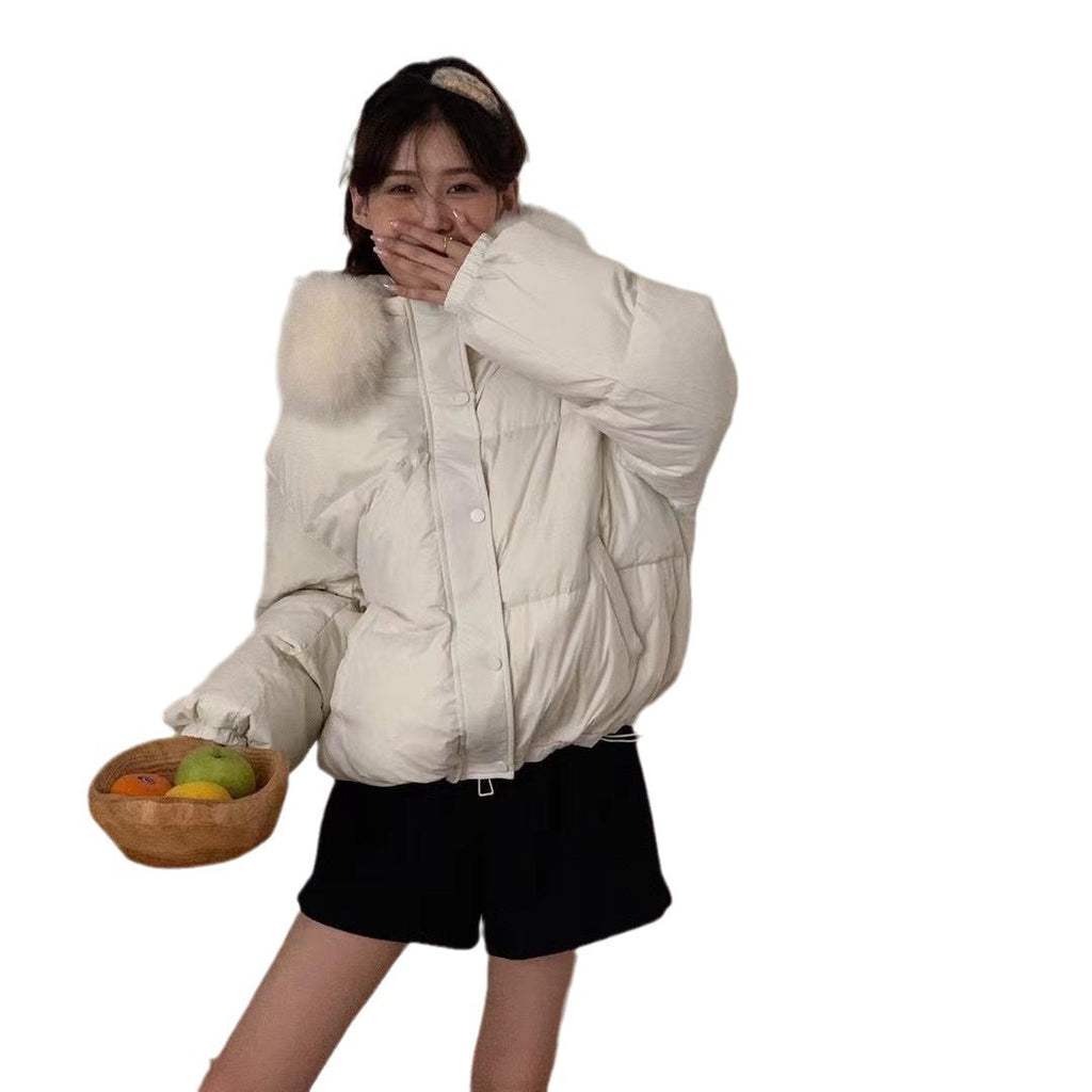 Fox Fur Collar White Duck Down Loose Thickening Keep Warm Coat